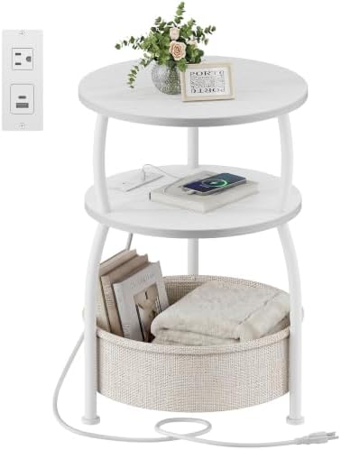 Round Side Table with Charging Station, USB Type C Port, White by designyourhome
