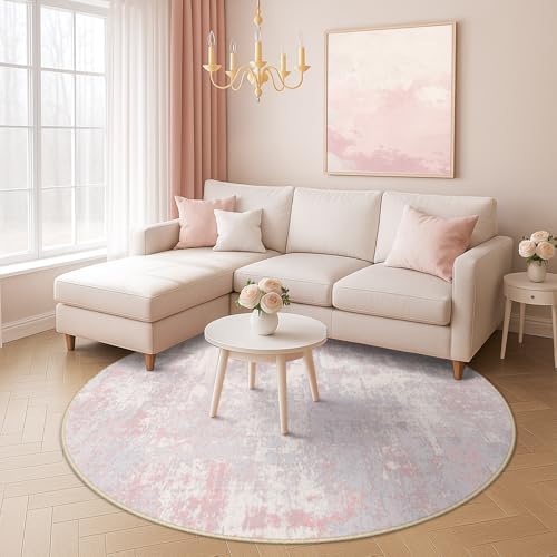 RELEANY Washable Round 6ft Area Rug for Living Room Gray Pink - Image 3
