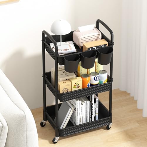 MOYIPIN 3-Tier Plastic Rolling Utility Cart with Handle,Utility Storage Cart for Office, Living Room, Kitchen,Movable Storage Organizer Shelves,Black with 3 Hanging Cups - Image 3