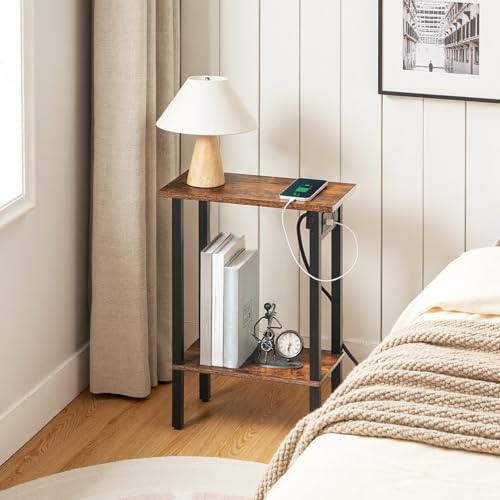 HOOBRO Narrow Side Table, 2-Tier Slim End Table with Charging Station, Skinny Nightstand with Open Storage, for Small Spaces, Living Room, Bedroom, Study, Rustic Brown and Black BF240UBZ01 - Image 4
