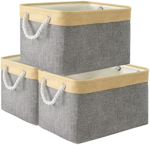 TheWarmHome Storage Basket for Organizing - Fabric Large Cubes 3 Pack 16x12x12 inch Baskets, Cube Storage Bin for Shelves Organizer Closet Cloth Gift Toy (Gold & Grey) by TheWarmHome