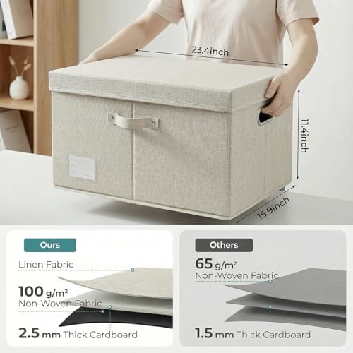 PRANDOM Storage Bins with Lids [3-Pack] Linen Fabric Foldable Storage Boxes Organizer Containers Baskets Cube with Cover for Bedroom Closet Office Beige (23.4X15.9X11.4) - Image 3
