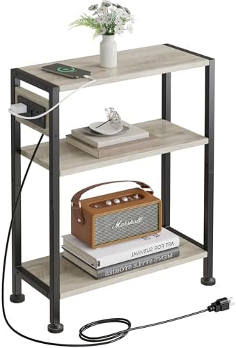 End Table with Charging Station, 3-Tier Side Table for Small Space, Skinny Nightstand with USB/Type C Port and 2 Outlets, Slim Sofa Beside Table for Living Room, Bedroom and Balcony, Greige by VANTIMO