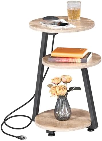 BEWISHOME Round End Table with Charging Station, Greige KTZ51G by BEWISHOME