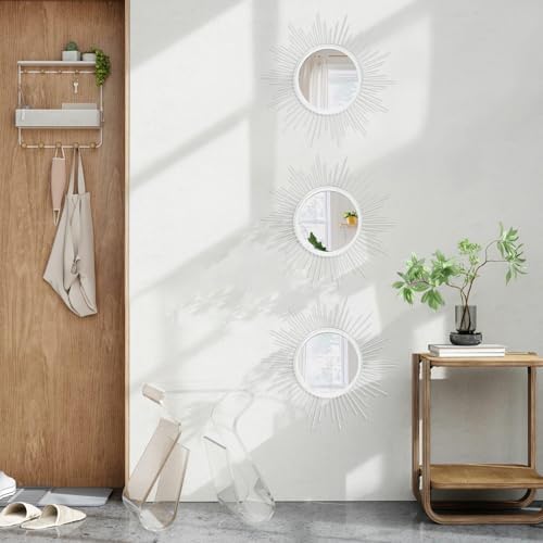 Mirror Wall Decor White Mirrors for Wall Metal Sunburst Mirrors Home Decoration Wall Art Decorative Mirror Suitable for Living Room Bedroom Bathroom Entrance Set of 3 12'' - Image 5