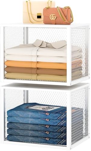2 Pack Stackable Closet Organizers and Storage Basket, Closet Shelves with Wood Top Extra Storage, Multifunctional Clothes Organizer Bins/Cube Storage Drawer for Wardrobe Kitchen Laundry Room, White by DAOUTIME