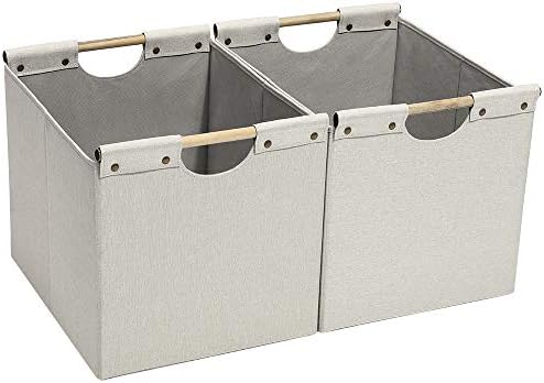 HOONEX Large Foldable Storage Bins, Linen Fabric, 2 Pack, with Wooden Carry Handles and Sturdy Heavy Cardboard, for Home, Office, Car, Nursery, Beige by HOONEX
