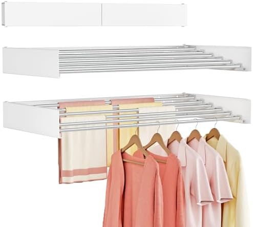 Wall Mounted Clothes Drying Rack Folding Indoor, Foldable Laundry Drying Rack Collapsible,Invisible, Space Saving, Retractable Towel Drying Rack, with Wall Template(6 Drying Rods, White 40") by Vasunray