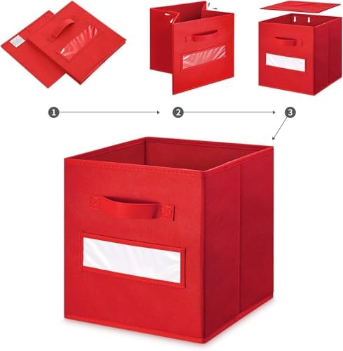 Fabric storage cubes (Set of 8) 11 Inch Cube Storage Bin, Cube storage with 8 Labels Window Cards & a Pen, Foldable cube organizer bins,11x11 Storage bin, Cubby Organizer Boxes, Red - Image 4