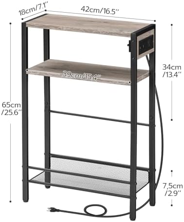 HOOBRO Small Narrow Side Table with Charging Station, Skinny End Table for Small Spaces, Slim Nightstand with USB Ports Outlet, Sofa Beside Table with Storage Shelf, Greige and Black BG102UBZ01 - Image 3