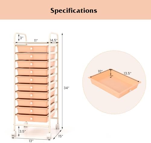 10-Drawer Rolling Storage Cart, Trolley w/Lockable 360° Wheels, 10 Removable PP Drawers, Sturdy Metal Frame, Rolling Utility Cart Perfect for Home, Office, Classroom (Peach Fuzz) - Image 3
