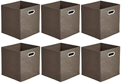 Amazon Basics Collapsible Fabric Storage Bins with Handle, Sturdy Space-Saving Cube Organizer, 10.5" x 10.5" x 11", Taupe, 6-Pack by AmazonBasics