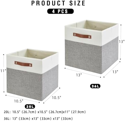 Bagnizer Collapsible Fabric Storage Cube Bins with 2 Reinforced PU Handles, Foldable Storage Organizer Baskets for Closet, Shelves, Living Room | 13"x13"x13", 4 Pack, Gray & White - Image 2