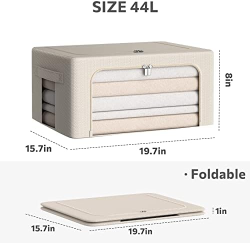 CYhom 3Pack Frame Storage Box - Clothes Storage Bin Bags Oxford Fabric Foldable Stackable Container Organizer Set with Clear Window & Carry Handles (Beige, Medium-44L) - Image 4