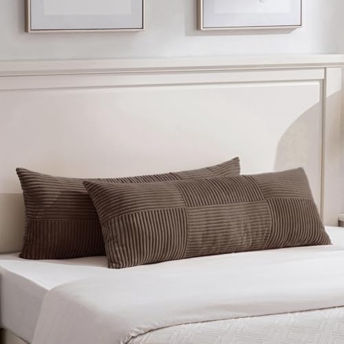Fancy Homi Set of 2 Dark Brown Boho Long Lumbar Body Decorative Throw Pillow Cover 14x36 Inch for Bed Couch Bedroom Bench, Soft Patchwork Corduroy Textured Pillow Case, Rustic Farmhouse Room Décor by Fancy+Homi
