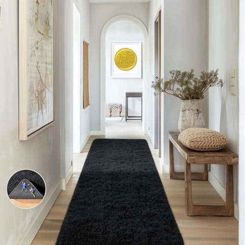 Ophanie Runner Rug for Hallway, 2x7 Washable Non-Slip Fluffy Soft Bedside Rugs, Bedroom Living Room Shaggy Carpet for Kids Girls Boys Dorm Nursery Decor Aesthetic, Black with Over 99 pcs Pile fibers by Ophanie