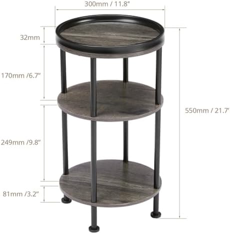 Small Round Side Table, Rustic Grey End Table with Tray Top, 3-Tier Greige Nightstand for Living Room & Bedroom, 11.8" Narrow Corner Table, 21.7" H Industrial Accent Furniture for Small Spaces, Grey - Image 3
