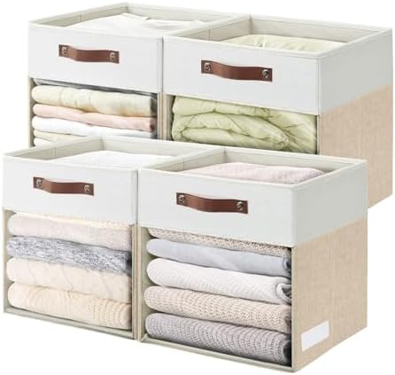 Bagnizer Storage Cubes, 4 Pack Linen Foldable Storage Bins (13 x 13 inch) with Clear Window and Handles, Fabric Organizer for Shelf Closet, Clothes, Books - (Beige and White) by Bagnizer