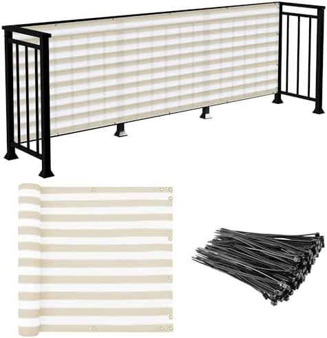 E&K Sunrise 3' x 54' Balcony Privacy Fence Screen Cover with Zip Ties Outdoor Screen Fence UV Protection for Deck Patio Backyard Apartment Pool Porch (Beige White Strip) by EKSUNRISEINC