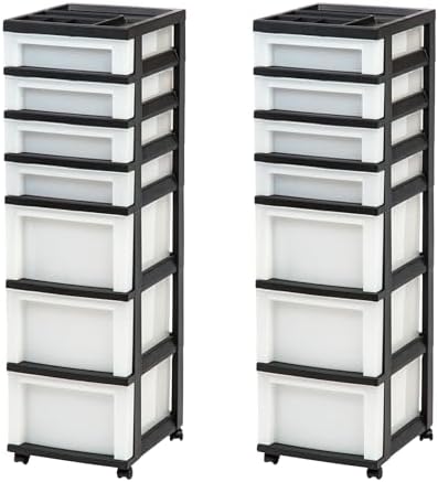 IRIS USA 2 Pack 7-Drawer Plastic Storage Rolling Organizer Cart with Caster Wheels for Laundry Room, Bathroom, or Closet Dresser Storage, Black/Clear by IRISUSA