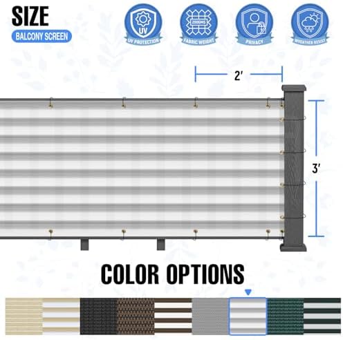 E&K Sunrise 3' x 139' Balcony Privacy Fence Screen Cover with Zip Ties Outdoor Screen Fence UV Protection for Deck Patio Backyard Apartment Pool Porch (Gray White Strip) - Image 5