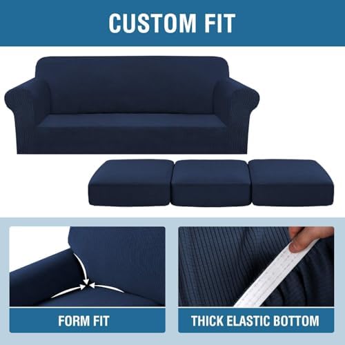 H.VERSAILTEX 4 Piece Stretch Sofa Covers for 3 Cushion Couch Covers for Living Room Furniture Slipcovers (Base Cover Plus 3 Seat Cushion Covers) Thicker Jacquard Fabric (Large Sofa, Navy) - Image 4