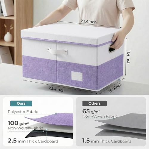 PRANDOM Storage Bins with Lids [3-Pack] Linen Fabric Foldable Storage Boxes Organizer Containers Baskets Cube with Cover for Bedroom Closet Office White&Purple (23.4X15.9X11.4) - Image 3