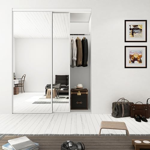60 in. x 80 in. Mirror White Steel Frame Interior Closet Sliding Door with White Trim and Hardware Kit - Image 3