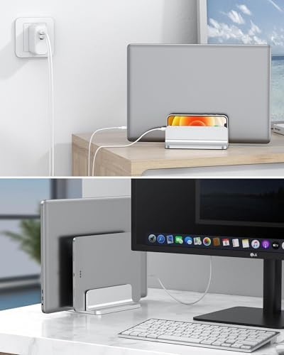OMOTON Dual Vertical Desk Laptop Stand Holder, Fits MacBook Air/Pro, Silver - Image 6