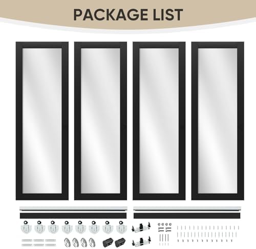 JUBEST 144" x 80" Mirror Closet Door, Preassembled One Side Mirror Door with Hardware Kit & Matching Fascia, Solid Wood Frame with Water-Proof PVC Surface, Easy to Install, Black - Image 3