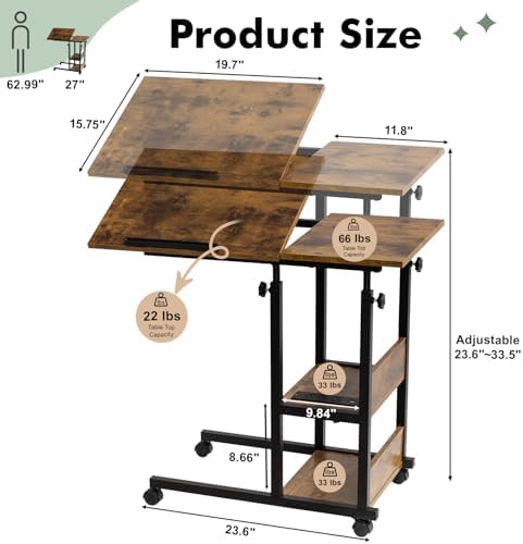 Hadulcet Adjustable C Table with Charging Station, Tiltable Desk C Shaped End Table for Couch, Over Bed Table with Wheels Adjustable Height, Hospital Table Laptop Stand Drawing Desk, Rustic Brown - Image 2