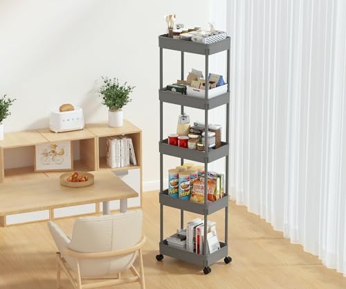Sooyee 5-Tier Plastic Rolling Utility Cart with Wheels, Grey - Image 2