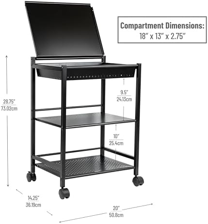 Mind Reader Cart with Covered Compartment, Office Organizer, Storage, 3-Tier, Office, Metal, 20" L x 14.25" W x 28.75" H, Black - Image 3