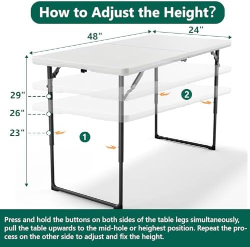 4ft Folding Table with Adjustable Height, Heavy Duty Fold-in-Half Plastic Table with Steel Legs, Portable for Indoor, Outdoor, Picnic, Camping, Dining, Party, White - Image 3