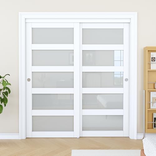 Sliding Closet Door 72"x80", 5 Lite Frosted Glass Door, Need to Assemble - Image 2