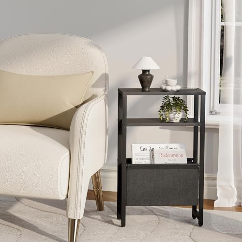Narrow Side Table, Slim End Table with Magazine Rack, Skinny Bedside Table for Small Spaces, 3 Tier Sofa Couch Table Nightstand for Living Room, Bedroom, Black LET503B - Image 6