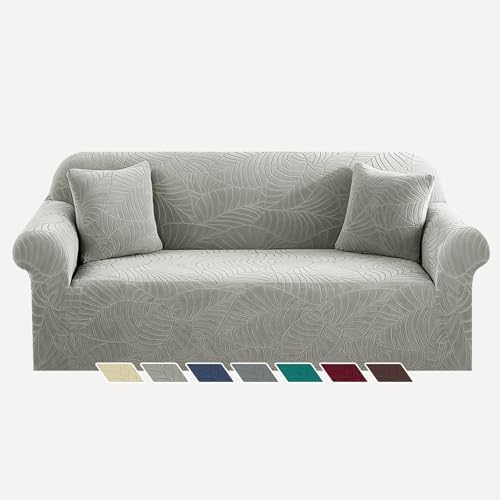 YEMYHOM Couch Cover Latest Jacquard Design High Stretch Sofa Covers for 3 Cushion Couch, Pet Dog Cat Proof Slipcover Non Slip Magic Elastic Furniture Protector (Large, Begonia Leaf Light Gray) by YEMYHOM