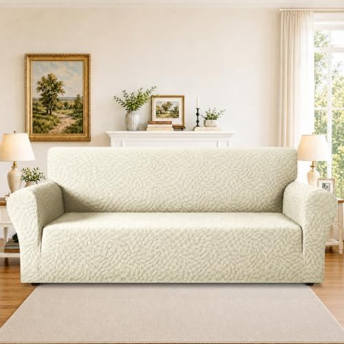 ZNSAYOTX 1 Piece Stretch Sofa Covers for 3 Cushion Couch (72"-90"), New Plaid Couch Cover with Non-Slip Buckle for Dog Pets, Ultimate Soft Cozy Washable Sofa Slipcover Form Fit Protector, Beige - Image 2