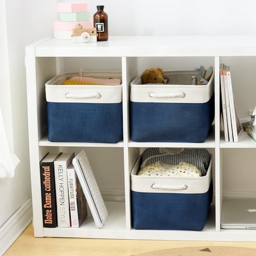 TheWarmHome Collapsible Storage Bin for Shelves - Large 3 Pack 16x12x8 inch Storage Basket for Organizing with Handles, Canves Storage Box for Organizer Toy Closet Cloth Gift (White & Jean Blue) - Image 2