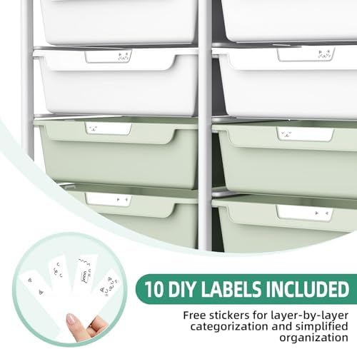 10 Drawer Rolling Storage Cart with Wood Top for Classroom Crafts Green - Image 6
