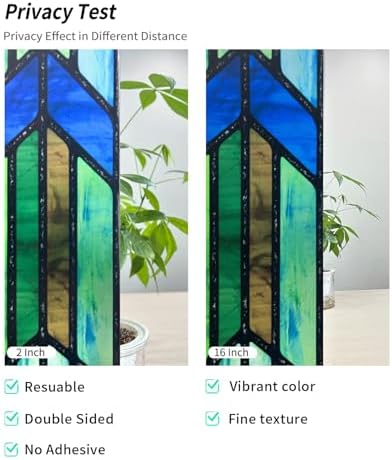 Original Hand Drawn Faux Stained Glass Window Film, Double-Sided Privacy Static Film, Cool Aqua Green Geometry Patterns Inspired by Hollyhock House, Peep Proof 16.93"X84.65" - Image 3
