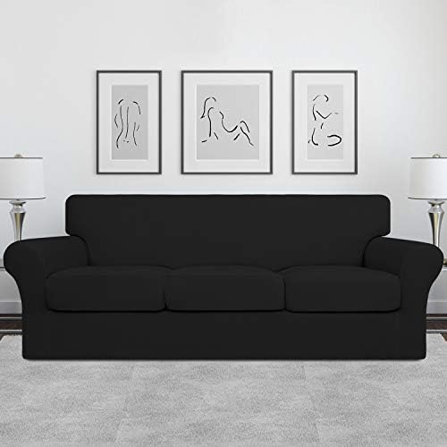 Easy-Going 4 Pieces Stretch Soft Couch Cover for Dogs - Washable Sofa Slipcover for 3 Separate Cushion Couch - Elastic Furniture Protector for Pets, Kids (Sofa, Black) Large - Image 2