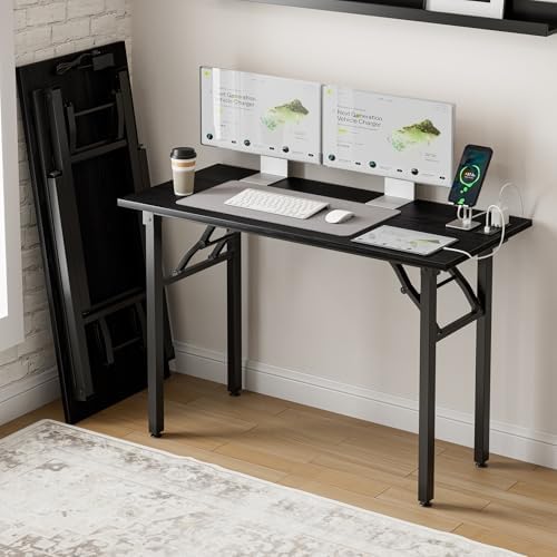 Frylr Small Folding Computer Desk – 43.3 Inch Portable Table for Craft and Study, Lightweight Desk for Small Spaces, Foldable Laptop Table Built-in AC/USB Outlets for Convenience, Dark Oak by Frylr