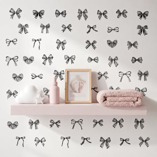60Pcs Watercolor Bowtie Wall Stickers - Coquette Aesthetic Vinyl Decals for Room Decor in Light Pink, Sky Blue, Mint Green, Lavender Peel and Stick Nursery, Bedroom, Kindergarten Wall Art (Black) by Unknown