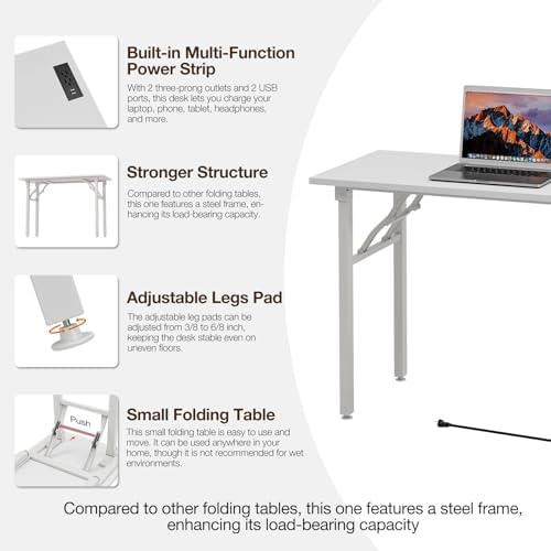 TEMI Long Computer Desk Folding Table - No Assembly, Compact 55.1" Foldable Desk with Power Outlets & USB Charging Port, Portable Lagre Office Desk, Ideal Large Study Table for Narrow Spaces,White Ash - Image 6