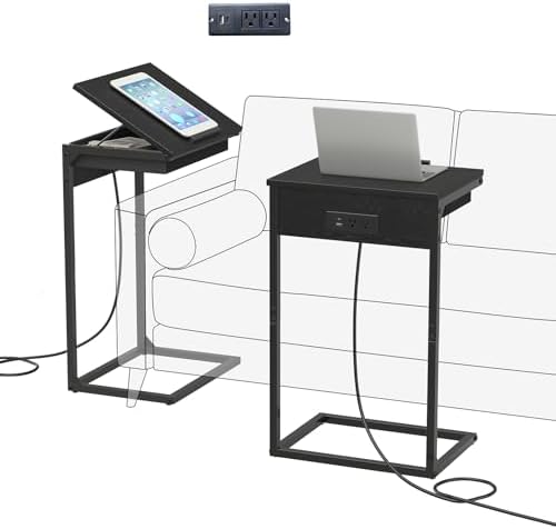 sthmec C Shaped End Table with Charging Station,45° Tiltable Adjustable Flip Top Side Table Set of 2,Small C Table Set 2 for Small Spaces,Slide Under Couch Sofa Bedside Table Living Room, Black by Unknown