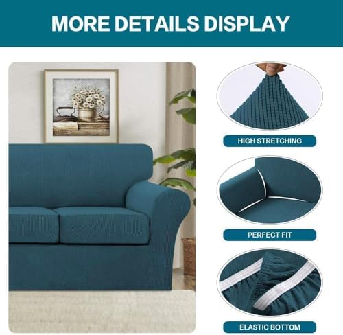 Turquoize 4 Piece Sofa Covers for 3 Cushion Couch Sofa Slipcover Soft Couch Cover for Dogs Washable Furniture Cover with 3 Individual Large Cushion Covers Feature Fabric (Large Sofa, Deep Teal) - Image 4