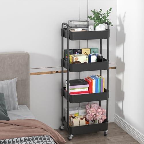 Sywhitta 4-Tier Plastic Rolling Utility Cart with Wheels for Storage, Black - Image 6