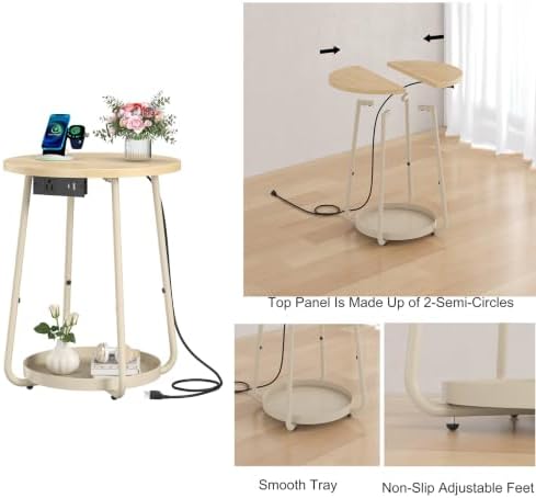 sthmec Small Round Side End Table with Storage and Charging Station, 2 Tier Round Bedside Sofa Couch Coffee Tables with Tray, Metal Nightstand for Small Spaces, Living Room Bedroom, Natural - Image 4