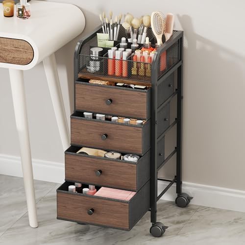 SWTYMIKI Rolling Makeup Organizer Cart - Under Desk Vanity Makeup Storage with 4 Non-woven Drawers, Nail Cart Organizer Cosmetic Display Cases Cabinet for Skin Care Perfume Nail Polish Brush Hair Tool - Image 5
